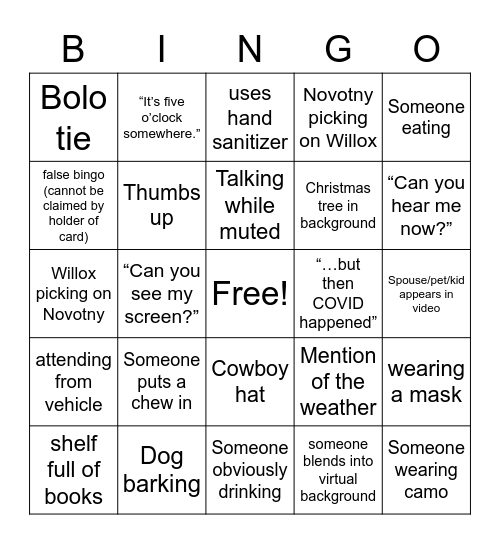 Wyoming County Commissioners Association Virtual Winter Meeting Bingo Card