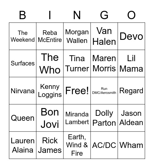 Mixed Up Playlist Artists Bingo Card