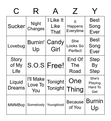 Boy Bands Through The Years Bingo Card