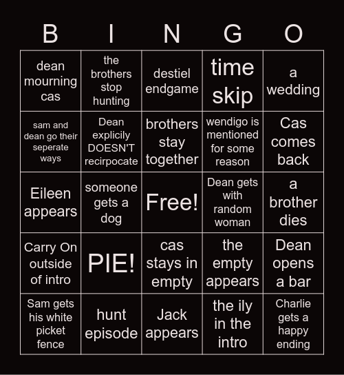 Supernatural FInale Bingo! Bingo Card