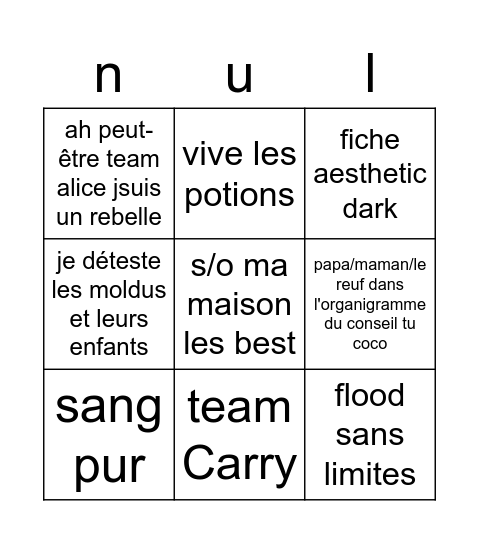 Serpentard le S Bingo Card