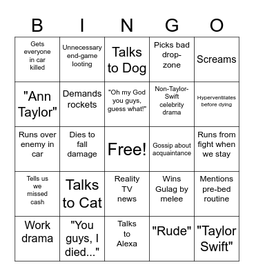 Annie Dies Bingo Card