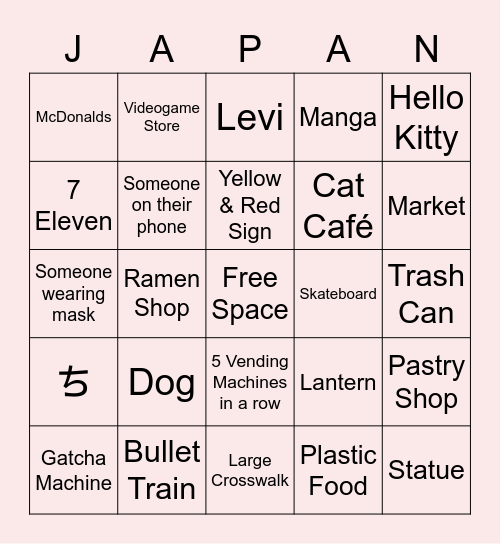 Japan Findings Bingo Card