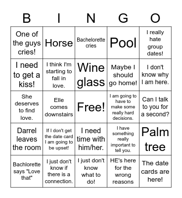 William's Bachlorette Bingo Card