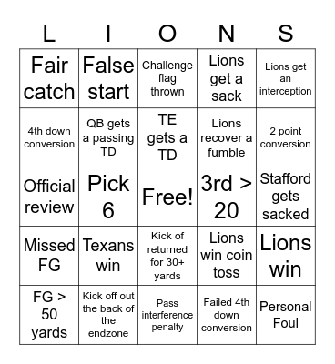 Lions Bingo Card