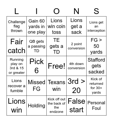 Lions Bingo Card