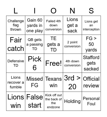 Lions Bingo Card