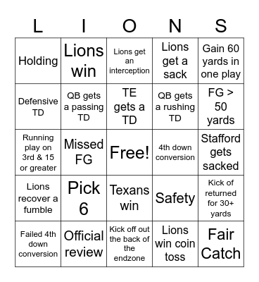 Lions Bingo Card