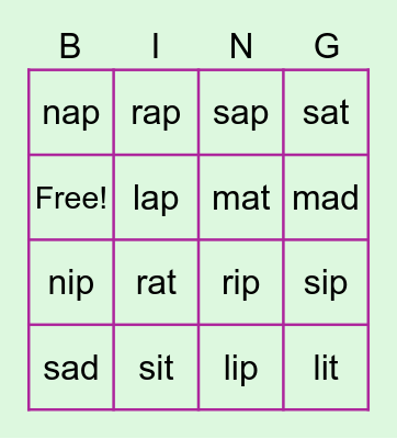 Short a and i Bingo Card