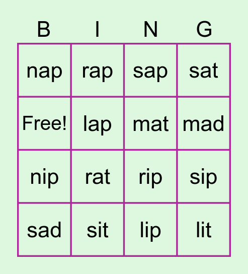 Short a and i Bingo Card