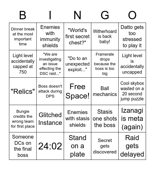 Day 1 Raid Bingo Card