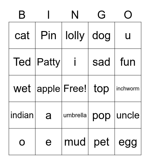Short Letter Vowel Sounds Bingo Card