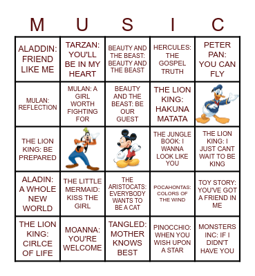 MUSIC BINGO: DISNEY SONGS Bingo Card
