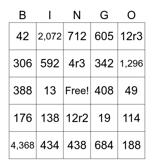 Multiplication/Division Bingo Card