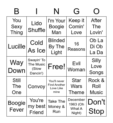 70s Hits Bingo Card