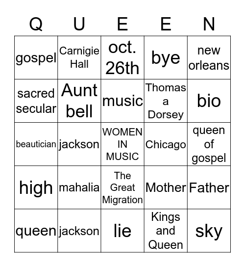 Mahalia Jackson Bingo Card
