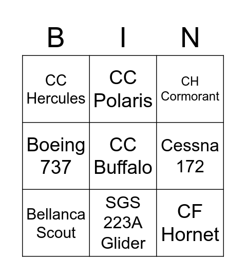 Planes Bingo Card