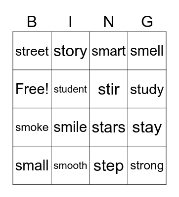 sm & st Blended Phonics Bingo Card