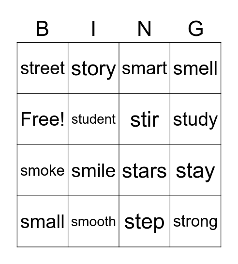 sm & st Blended Phonics Bingo Card