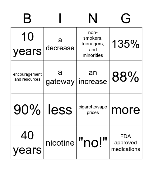 Smoking & Vaping Bingo Card