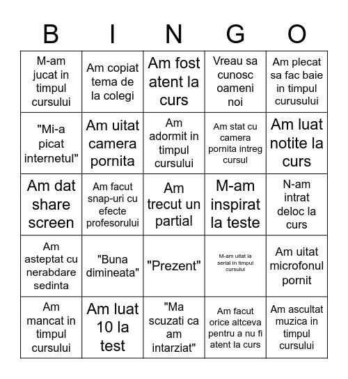 Activitati online Bingo Card