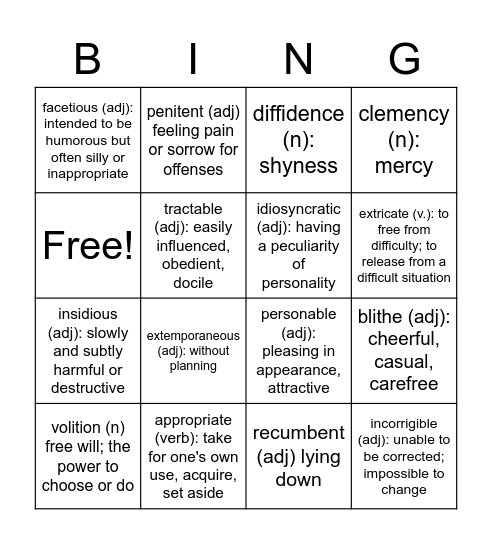 Vocab 10 Bingo Card