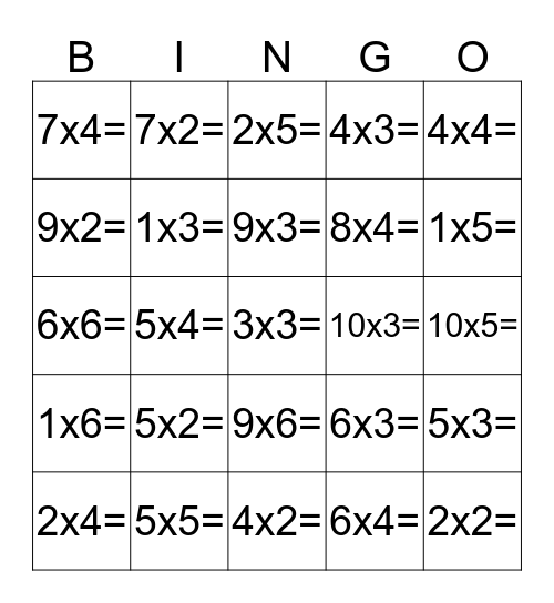 Multiplication bingo 2-6 Bingo Card