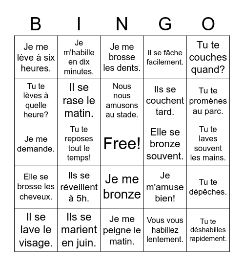 Les Verbes Réfléchis Bingo Card