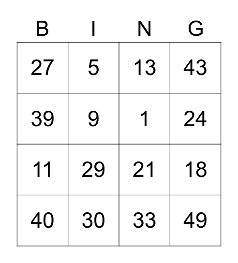 Number Bingo Card