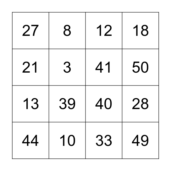 Number Bingo Card