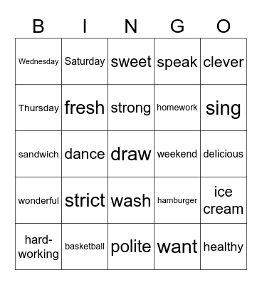 五年级难点单词 Bingo Card