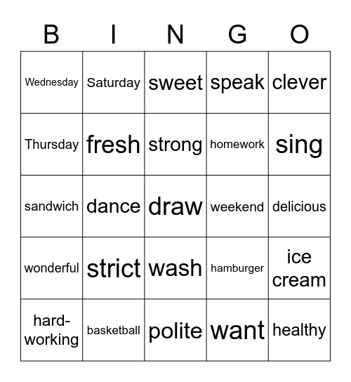五年级难点单词 Bingo Card