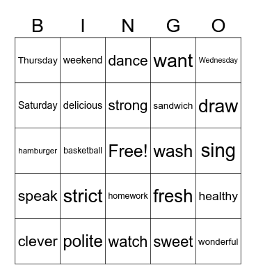 五年级上册单词 Bingo Card