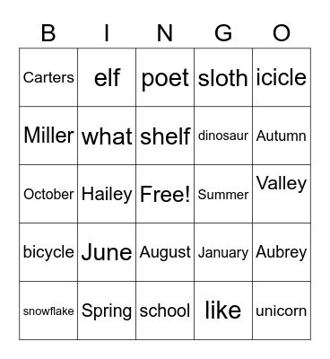 Word Bingo Card