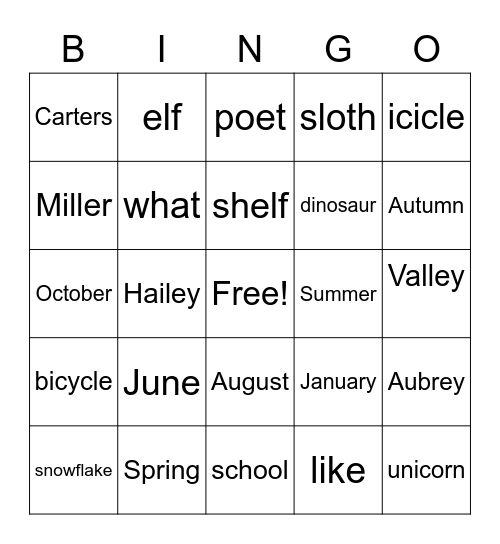 Word Bingo Card