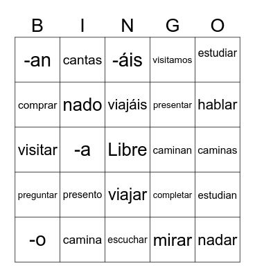 AR Verbs Bingo Card