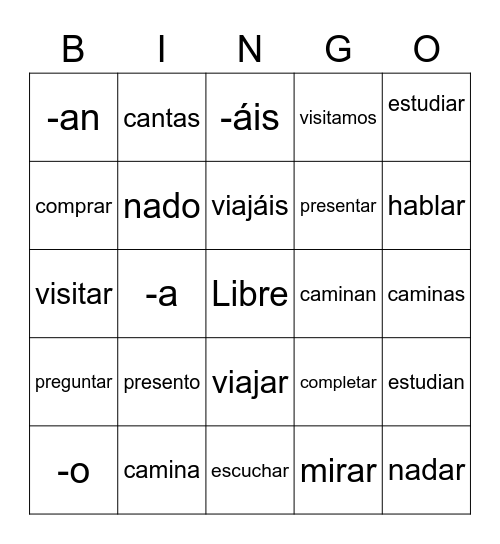 AR Verbs Bingo Card