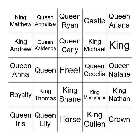 King & Queen Bingo Card