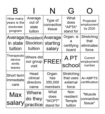Physical Therpay Bingo Card