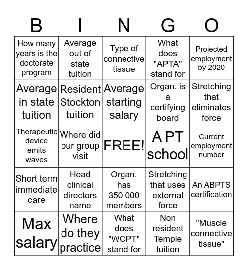 Physical Therpay Bingo Card