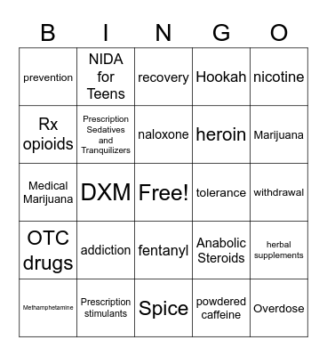 National Drug & Alcohol Facts Week Bingo Card