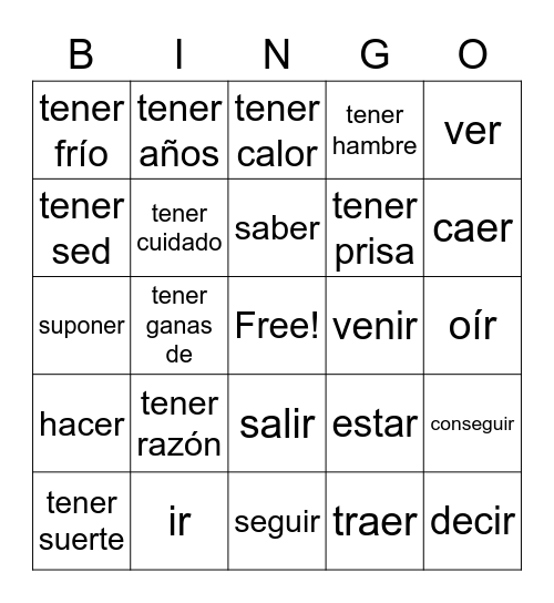 Irregular yo and irregular present tense verbs Bingo Card