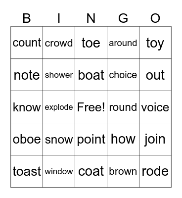 O vowel digraph and dipthong Bingo Card