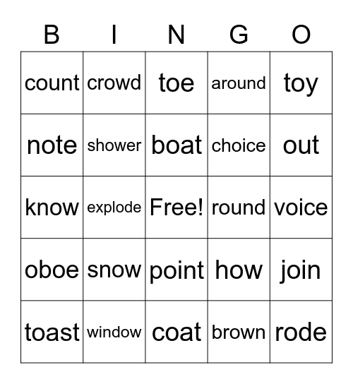 O vowel digraph and dipthong Bingo Card