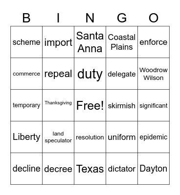 Road to Revolution Bingo Card