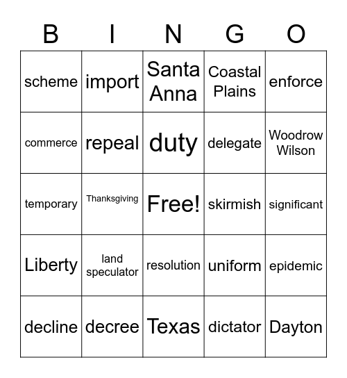 Road to Revolution Bingo Card