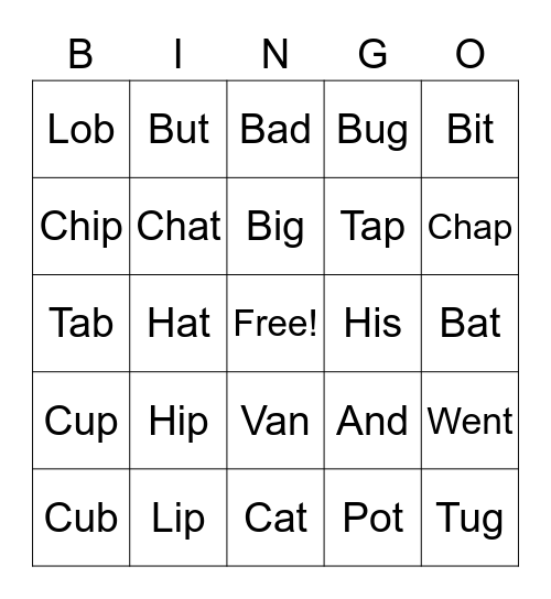 CVC Words Bingo Card