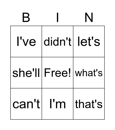 Contractions Bingo Card