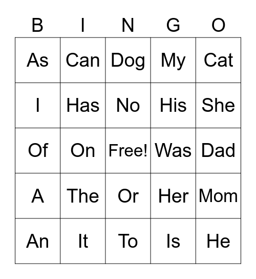 Sight Words Bingo Card