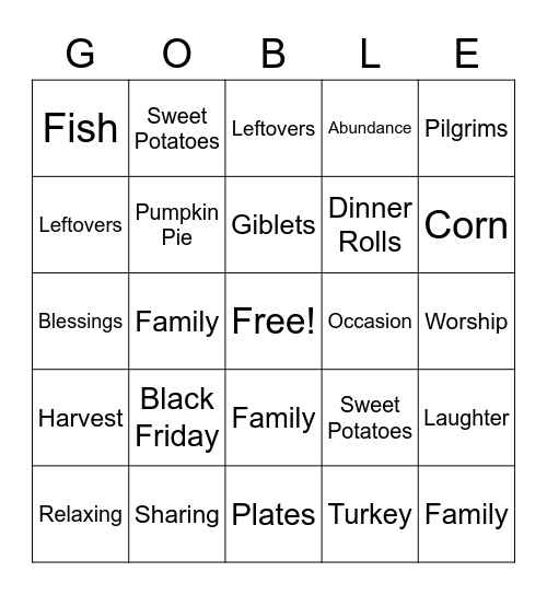 Turkey Bingo! Bingo Card
